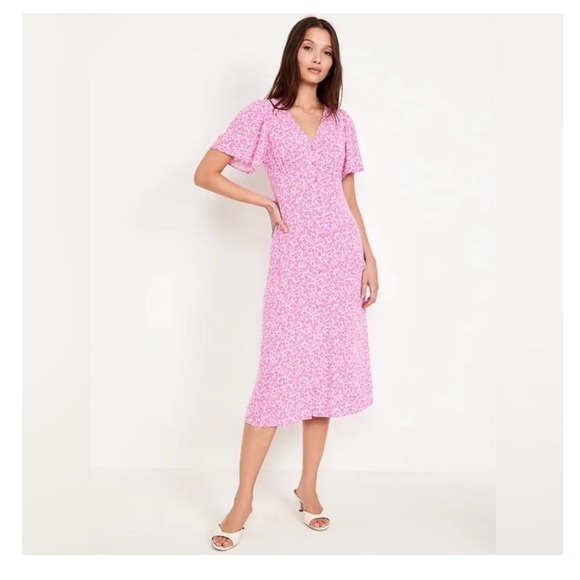 Old Navy Pink Floral Midi Dress Womens L Square Neck Puff Sleeve Cottagecore - Picture 6 of 9